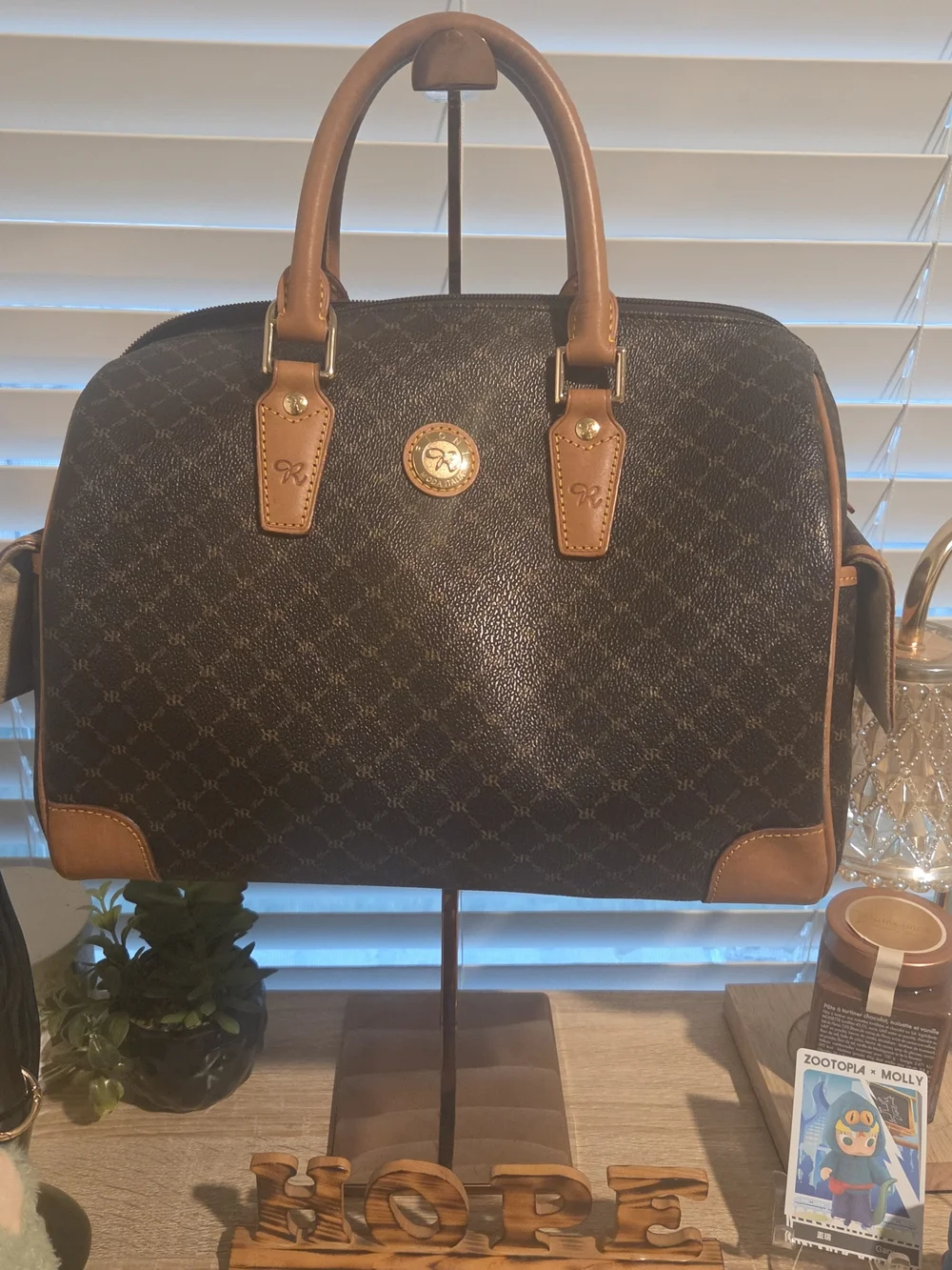 RIONI Brown Monogram Satchel Handbag with Tan Trim
